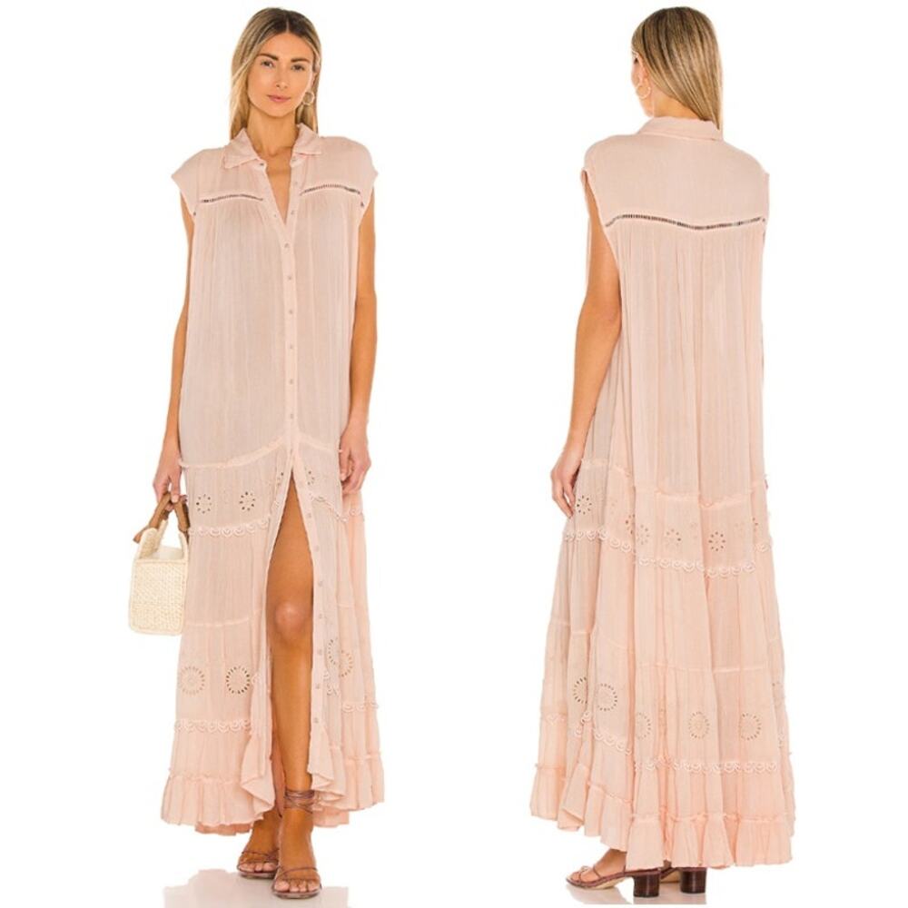Free People Pretty Cozy Maxi Dress Beige Pink Tiered Boho Women's Size XS